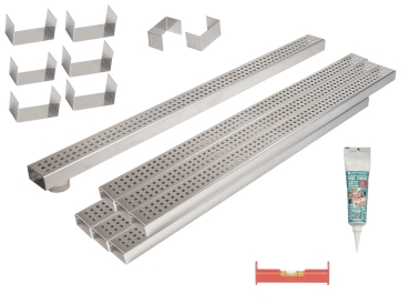 7er Rinnenset (Poolrinne) V4A superflach mit 1 Rinne mit Stutzen,6 Rinnen geschlossen,2 Endstücke,6 Verbinder,1 Dichtmittel,1 Schnurwasserw.